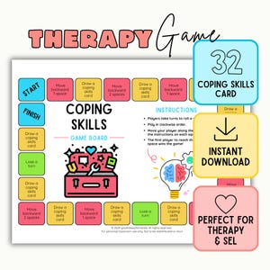 May include: A colourful board game titled Coping Skills Game Board featuring a central toolbox illustration, a brain lightbulb graphic, and instructional text. The board includes various coloured squares with directions like Draw a coping skills card.