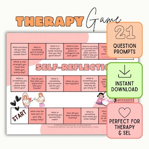 Può includere: Un gioco da tavolo intitolato Therapy Game Self-Reflection con una griglia di 21 domande in riquadri rosa. Il gioco include una casella di partenza, illustrazioni di persone che si guardano allo specchio e riquadri di testo che indicano 21 domande, download istantaneo e uso per terapia e SEL.