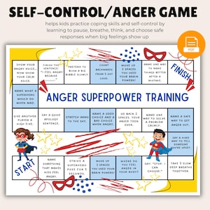 Puede incluir: Un juego de mesa colorido titulado "Self-Control/Anger Game" diseñado para ayudar a los niños a practicar habilidades de afrontamiento. El juego presenta indicaciones como "Nombra lo que haría un superhéroe cuando está enfadado" y "Di una buena frase de disculpa."