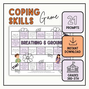 Puede incluir: Un juego de mesa titulado Coping Skills Game: Breathing & Grounding con 21 indicaciones para los grados 3-5. El tablero presenta una cuadrícula con instrucciones, ilustraciones florales y personajes. Incluye un icono de descarga instantánea.
