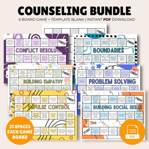 May include: A counseling bundle with six board games, a template, and an instant PDF download. The games cover topics like conflict resolution, boundaries, building empathy, problem-solving, impulse control, and building social skills. Each board has 21 spaces.