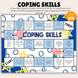 Może przedstawiać: Kolorowa gra planszowa zatytułowana "Coping Skills" z pytaniami zachęcającymi do eksploracji emocji i strategii radzenia sobie. Gra posiada start i metę, z ilustracjami mózgu i innych grafik. Gra ma na celu zachęcanie do dyskusji.