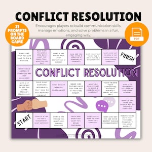May include: A Conflict Resolution board game with 21 prompts. The game encourages players to build communication skills and manage emotions. The board is purple and white with the words "Conflict Resolution" in large letters.