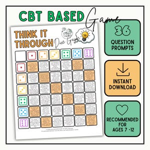 May include: A CBT based dice game printable titled Think It Through with a grid of 36 question prompts. The sheet features colorful dice icons and text boxes. To the right, three green and orange boxes display the text 36 Question Prompts, Instant Download, and Recommended for Ages 7-12.