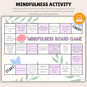 May include: A colorful mindfulness board game with instructions for children. The game includes prompts for feelings, breathing exercises, and sensory awareness. The game is designed to promote emotional regulation and self-awareness.
