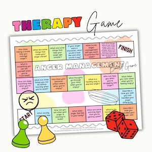 May include: An anger management board game with a colorful grid of prompts, a start and finish point, a yellow angry face icon, two red dice, and two game pawns in green and yellow. The board features text including Therapy Game.