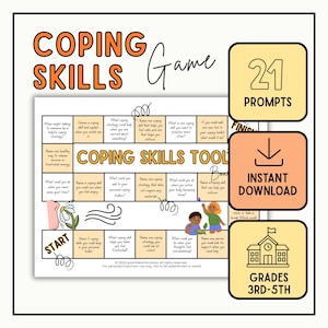 Puede incluir: Un juego de mesa titulado Coping Skills Game con 21 preguntas en una cuadrícula. El juego incluye cuadros de texto con preguntas sobre regulación emocional, ilustraciones de niños, una flor y viento. Tres cuadros laterales indican 21 prompts, descarga instantánea y grados 3rd-5th.