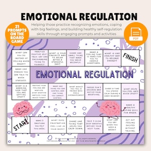 May include: An "Emotional Regulation" board game with prompts to help manage emotions and build self-regulation skills. The game has a purple and white design, a start and finish, and a PDF icon.