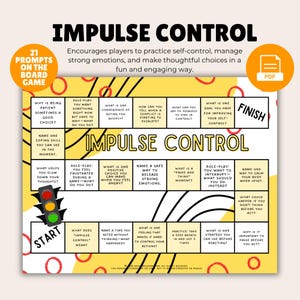 May include: A board game titled "Impulse Control" with prompts to practice self-control and manage emotions. The game board is yellow with a traffic light graphic and the words "Start" and "Finish".