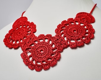 Handmade Crochet Red Necklace, Flower Necklace, Great Gift, Perfect Accessory