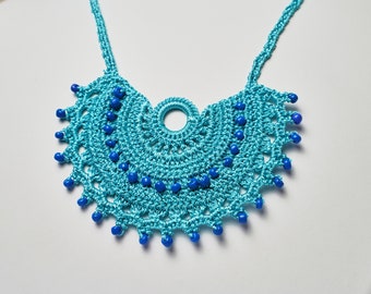 Handmade Crochet Turquoise & Blue Beaded Necklace, Great Gift, Perfect Accessory