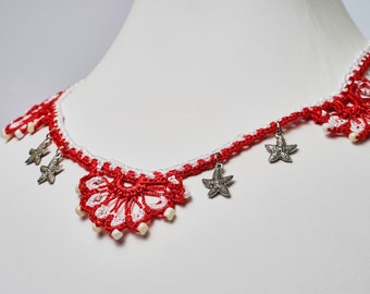 Handmade Crochet Beaded Red & White Necklace, Great Gift, Perfect Accessory