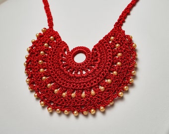 Handmade Crochet Red & Yellow Beaded Necklace, Great Gift, Perfect Accessory