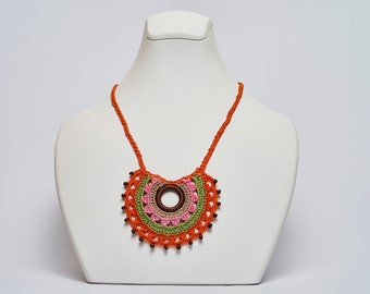 Handmade Crochet Orange Beaded Necklace, Great Gift, Perfect Accessory