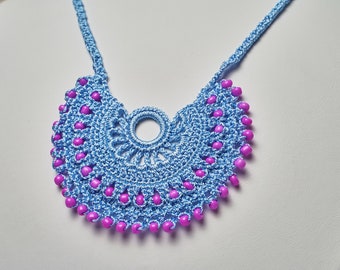 Handmade Crochet Blue & Pink Beaded Necklace, Great Gift, Perfect Accessory