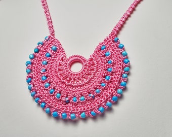 Handmade Crochet Pink & Blue Beaded Necklace, Great Gift, Perfect Accessory