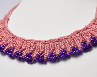 Handmade Crochet Pink & Purple Beaded Necklace, Wool Necklace, Great Gift, Perfect Accessory