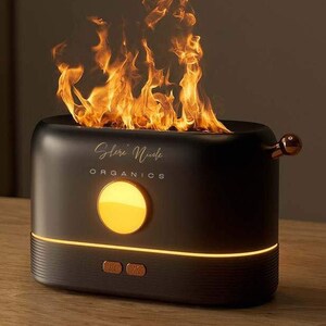 May include: A matte black, rectangular diffuser with a rounded top emitting a realistic flame effect. The front features the gold text "Shere' Nicole ORGANICS", a circular yellow light, and two small buttons. A copper-colored lever is on the side.