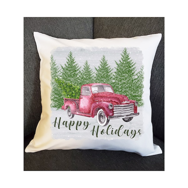 Red Truck Decor With Christmas Tree Pillow Cover, Old Vintage Ford Holiday Design, Housewarming Home Accessory Gift Idea, Decorations Noel