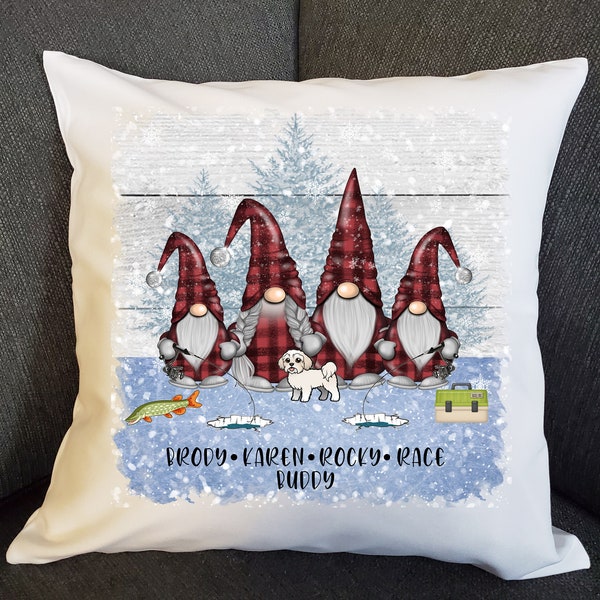 Nordic Gnome Pillow Cover, Christmas Decorative Cushion With Scandinavian Gnomes Personalized With Family Names for the Holidays, Gift Idea