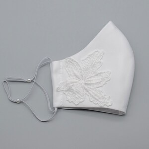 Luxury embroidered wedding face mask, bridal fabric, filter pocket and adjustable straps. Duchess Satin, Silk Satin with embroidery image 4