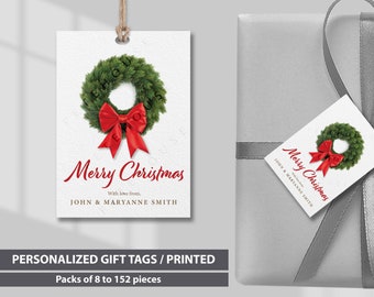 Personalized Christmas wreath gift tag, customized gift tag, personalized Christmas tags, family gift tags. Bulk order, 8 to 150 pcs.