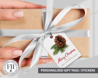 Personalized Christmas pinecone tag, printable tag template, personalized sticker gift tag, personalized Christmas tags.