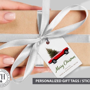 Personalized Christmas car and tree gift tag, printable tag template, personalized sticker gift tag, personalized Christmas tags.