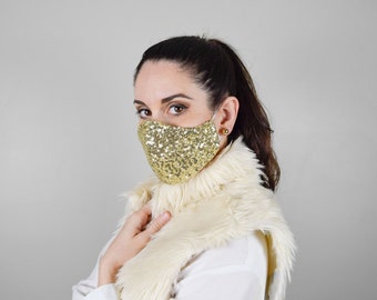 Luxury gold face mask, gold sequins mask, beaded silk chiffon, sequin embroidered, 3 layer face mask.