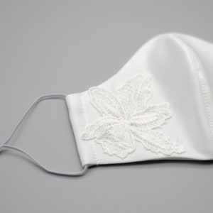 Luxury embroidered wedding face mask, bridal fabric, filter pocket and adjustable straps. Duchess Satin, Silk Satin with embroidery image 3
