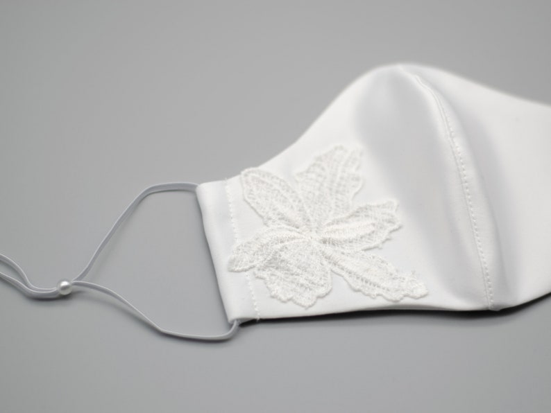 Luxury embroidered wedding face mask, bridal fabric, filter pocket and adjustable straps. Duchess Satin, Silk Satin with embroidery image 3