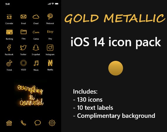 Iphone Ios 14 App Icons Metallic Gold Black Background Theme Etsy
