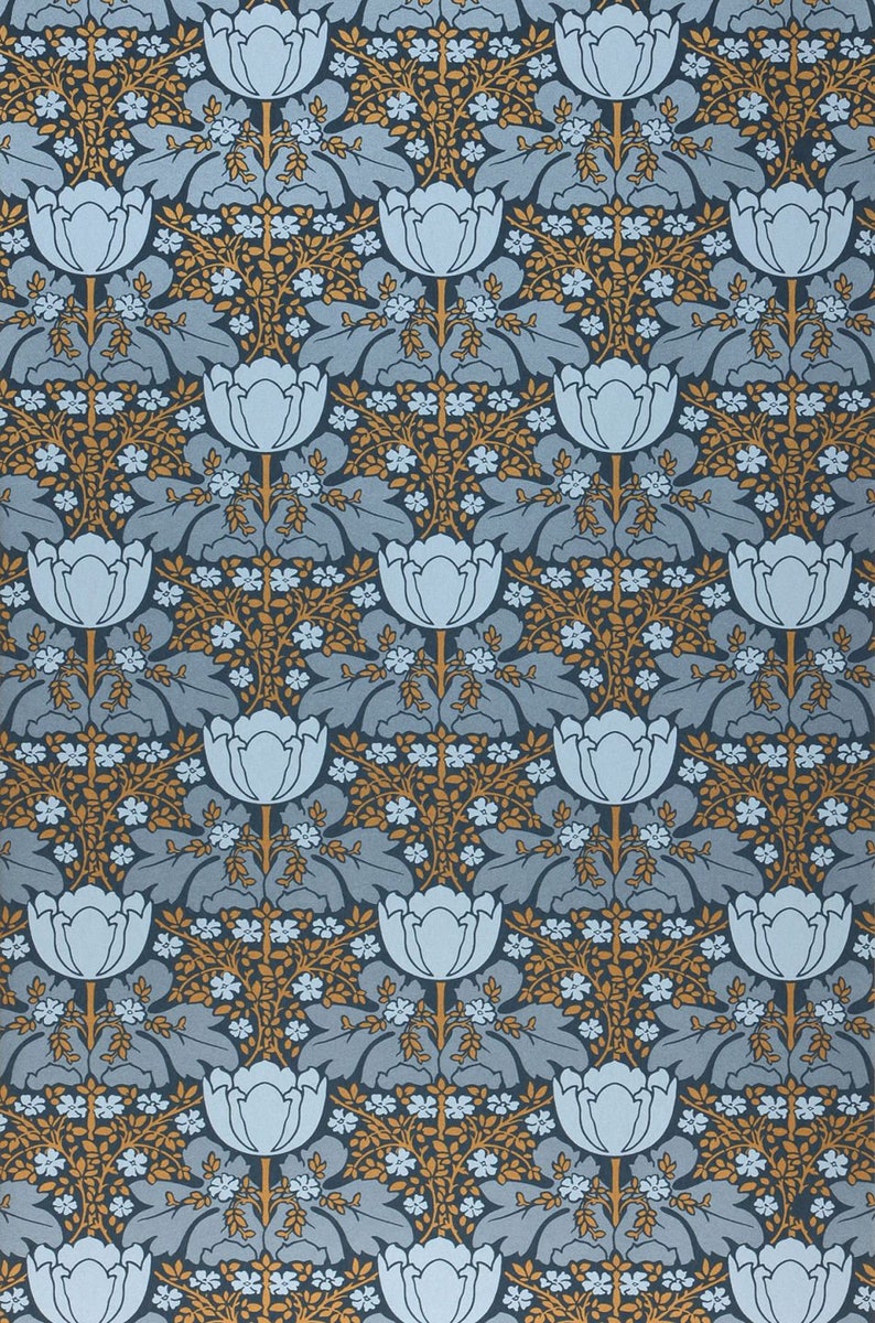 Art Nouveau Vintage Wallpaper Full Roll Funky Bohemian Wall Decor Available in 2 Different Colors Blue