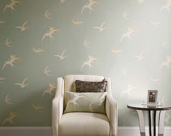 Swallows Vintage Wallpaper Full Roll Funky Bohemian Wall Decor (Available in 2 Different Colors)