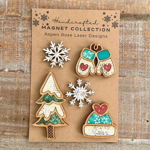 Whimsical Wood Winter Magnet Collection, winter magnet, snow magnet, cute winter magnet, mittens magnet, fridge magnets, cute Christmas gift