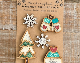Whimsical Wood Winter Magnet Collection, winter magnet, snow magnet, cute winter magnet, mittens magnet, fridge magnets, cute Christmas gift