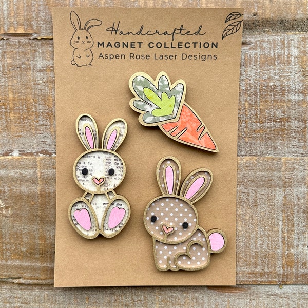 Whimsical Wood Bunny Magnet Collection, cute magnets, spring gift, bunny magnets, fridge magnets, rabbit magnets, Cute bunny, unique magnet