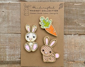 Whimsical Wood Bunny Magnet Collection, cute magnets, spring gift, bunny magnets, fridge magnets, rabbit magnets, Cute bunny, unique magnet