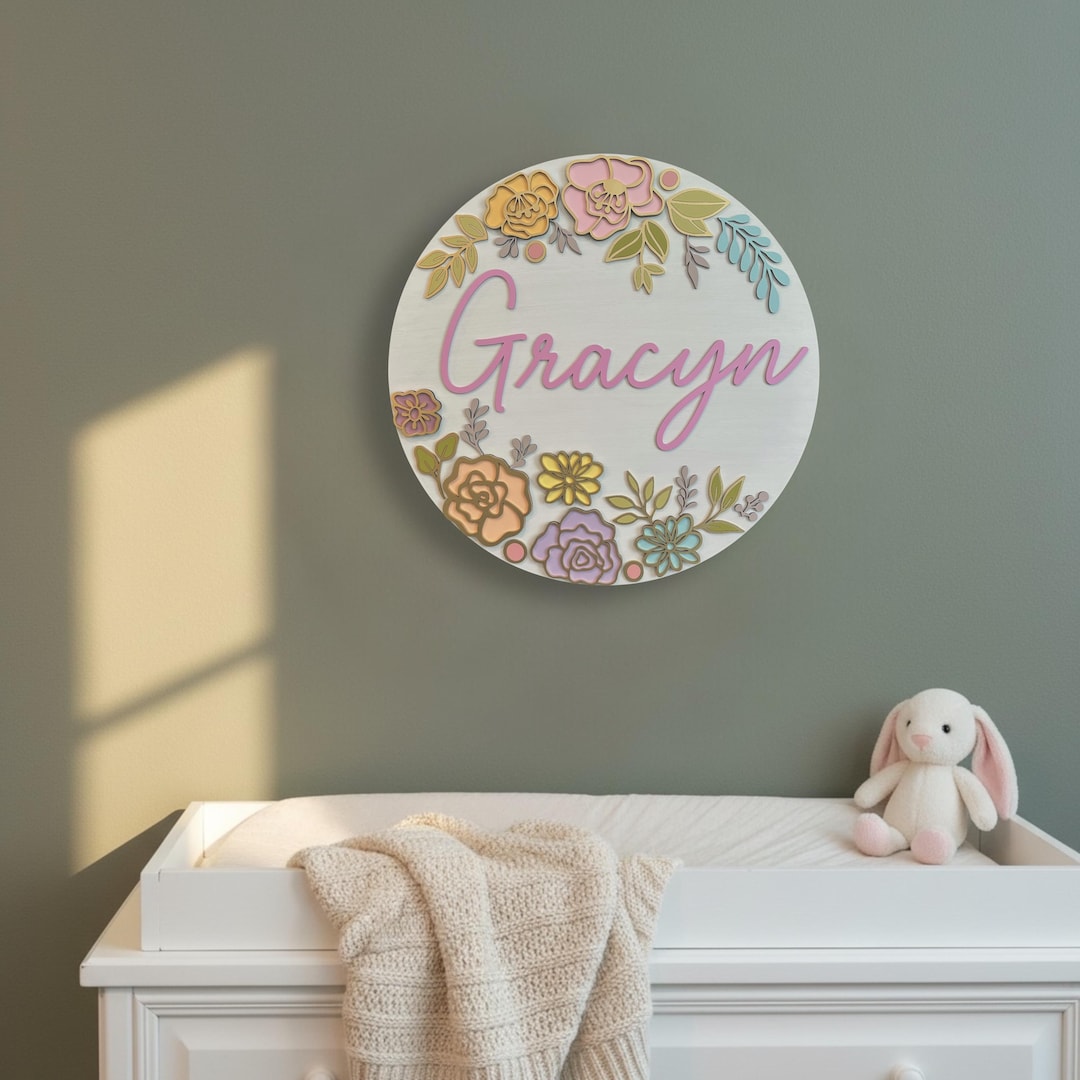 Nursery Name Sign, Floral Nursery Decor, Wooden Name Cutout ...