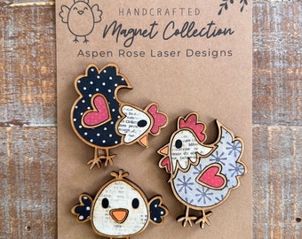 Whimsical Wood Chicken Magnet Collection, chicken accessories, chicken decor, cute chickens, chicken magnet, fridge magnets, chicken decor