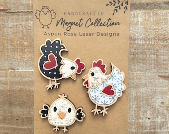 Whimsical Wood Chicken Magnet Collection, chicken accessories, chicken decor, cute chickens, chicken magnet, fridge magnets, chicken decor