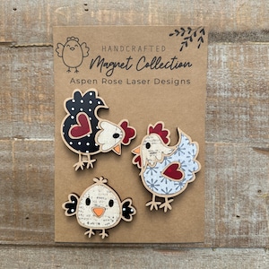 Whimsical Wood Chicken Magnet Collection, chicken accessories, chicken decor, cute chickens, chicken magnet, fridge magnets, chicken decor
