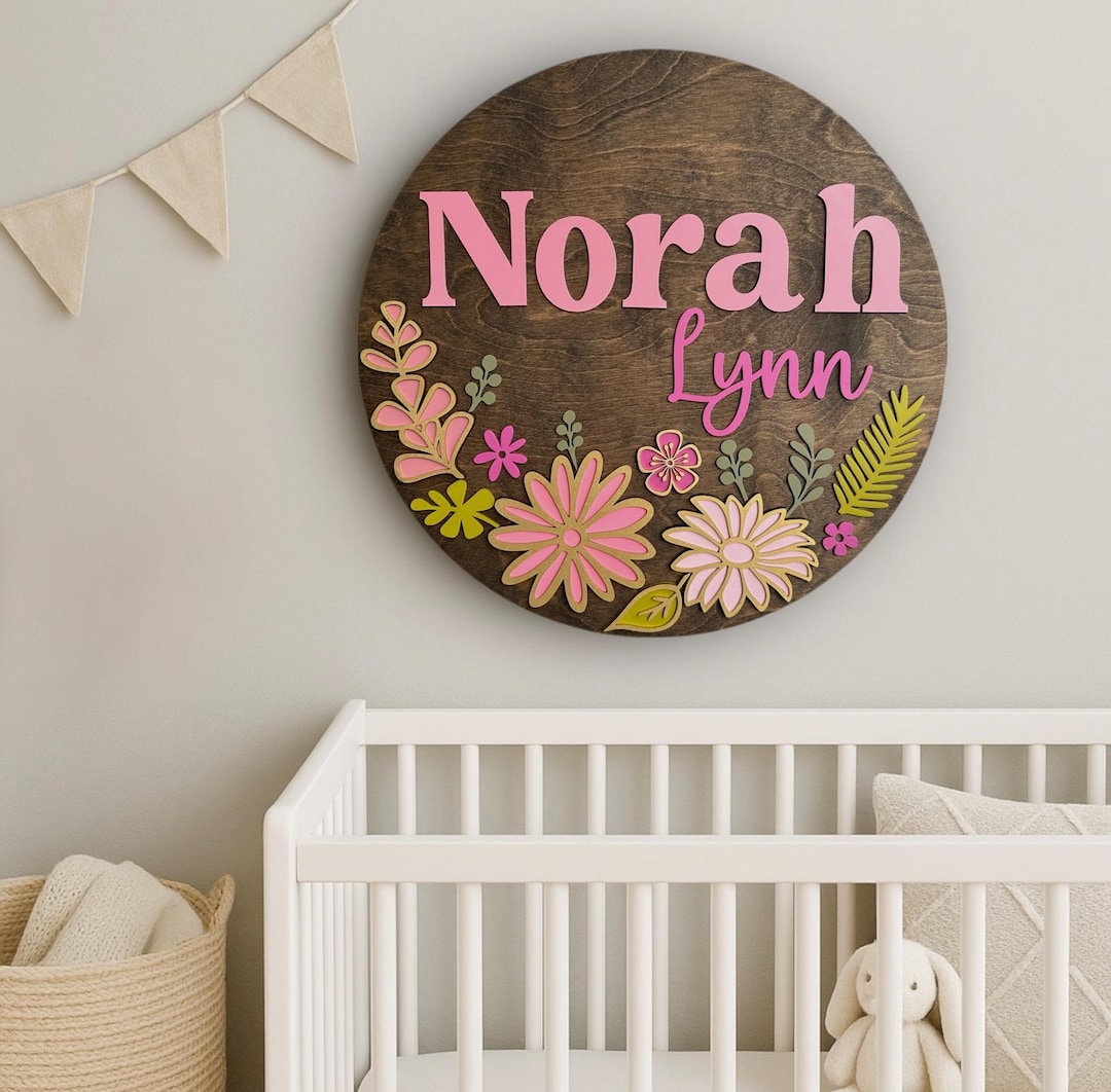Nursery Name Sign, Floral Nursery Decor, Wooden Name Cutout ...