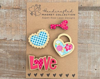 Whimsical Wood Heart Magnet Collection, cute magnets, valentine gift, heart gift, love magnets, fridge magnets, love decor, valentine magnet
