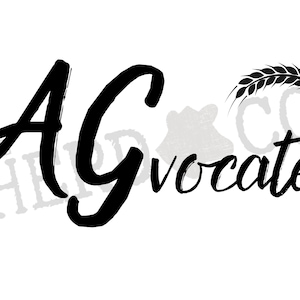 May include: Black and white logo with the text "Agvocate" in a stylized font. A wheat stalk is depicted to the right of the text.