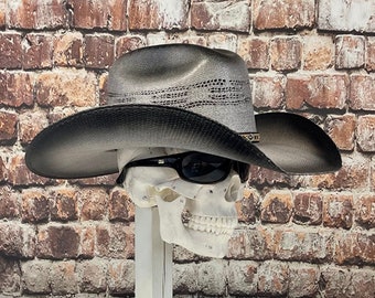 Bullhide Gray/Black Cowboy Straw Hat, Brim size 4” inches,  With an elastic sweat bandana. Made in Mex. A Best seller! Rain Cover Included!