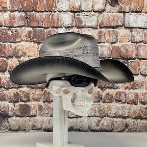 Bullhide Gray/Black Cowboy Straw Hat, Brim size 4” inches,  With an elastic sweat bandana. Made in Mex. A Best seller! Rain Cover Included!