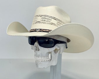 Bullhide Off White Cowboy Straw Hat, Brim size 4” inches, Handmade in Mex. With an elastic sweat bandana. A best seller, Rain cover included