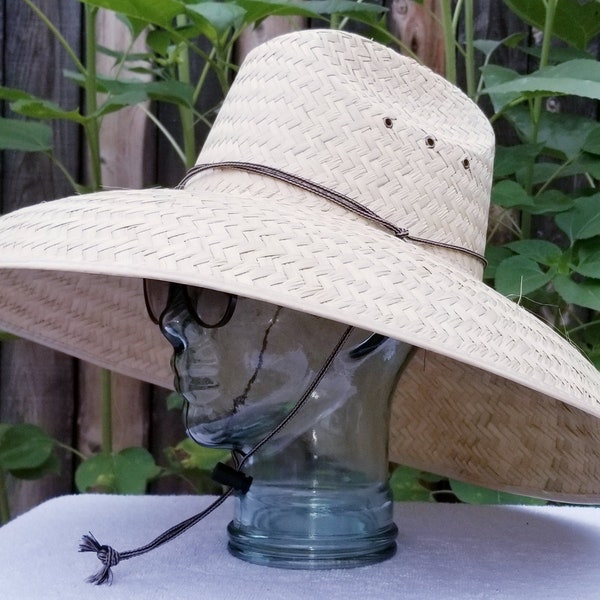 Ladies Jumbo Natural Gardening Straw Hat, approx  21x21 Maximum sun coverage, with adjustable strap, handmade in Mexico!