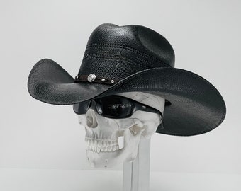 Bullhide Black Cowboy Straw Hat, Brim size 4” inches, Handmade in Mex. With an elastic sweat bandana. A Best Seller! Rain Cover included!